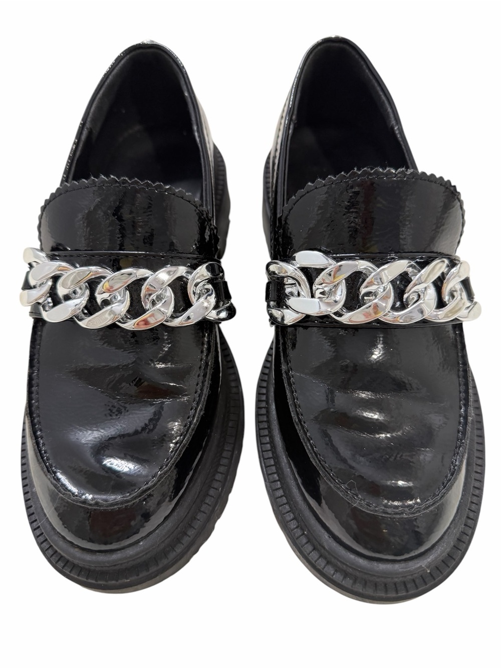 Vince Camuto Girls Black Patent Chain Loafers Bulky Size 2.5 Youth Dark Academia - Picture 3 of 8